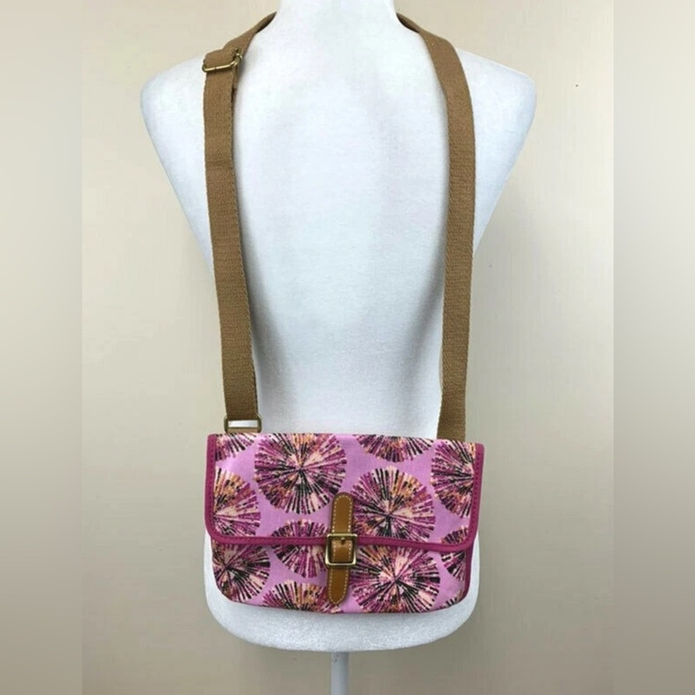 Fossil Pink Pom Pom Fireworks Mini Front Flap Crossbody Purse Coated Canvas